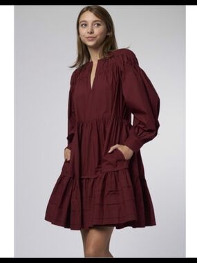 Ulla JOHNSON Great Condition Burgundy Tiered Long-Sleeve Dress